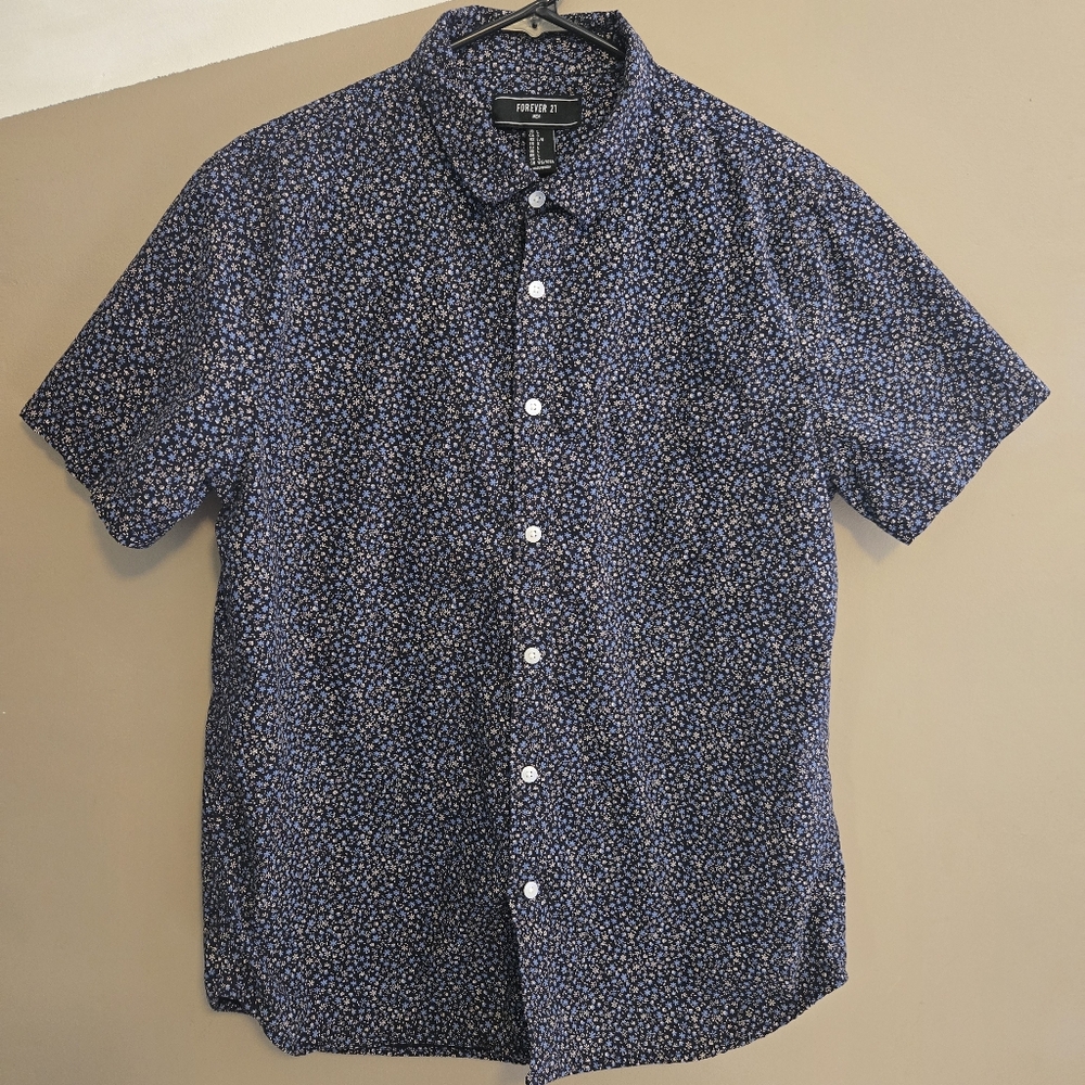 Forever 21 Men Button Down Short Sleeve Blue White Shirt 100% Cotton Size Large